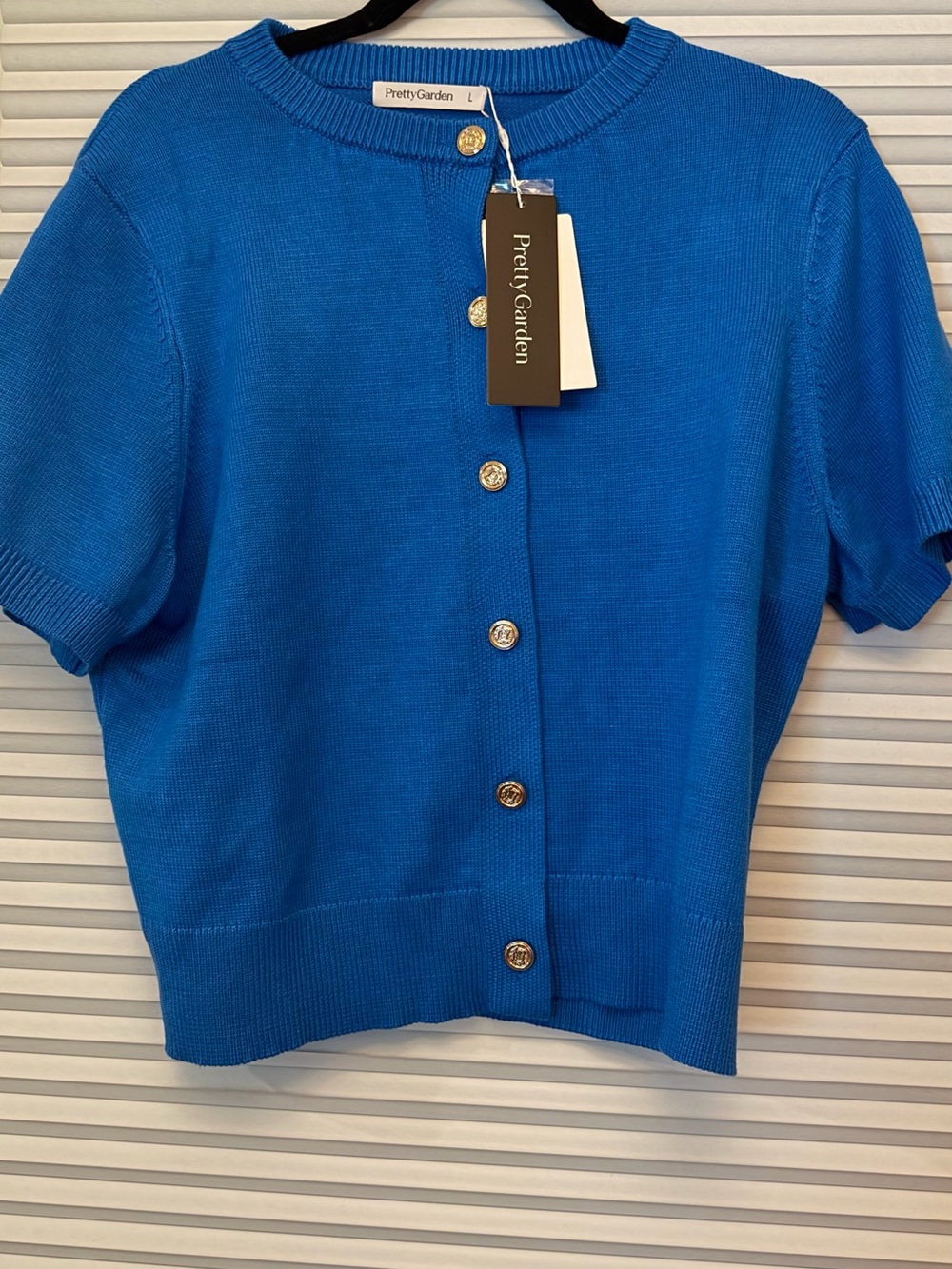 PrettyGarden NEW Blue Short-Sleeve gold Button Cardigan Sweater L